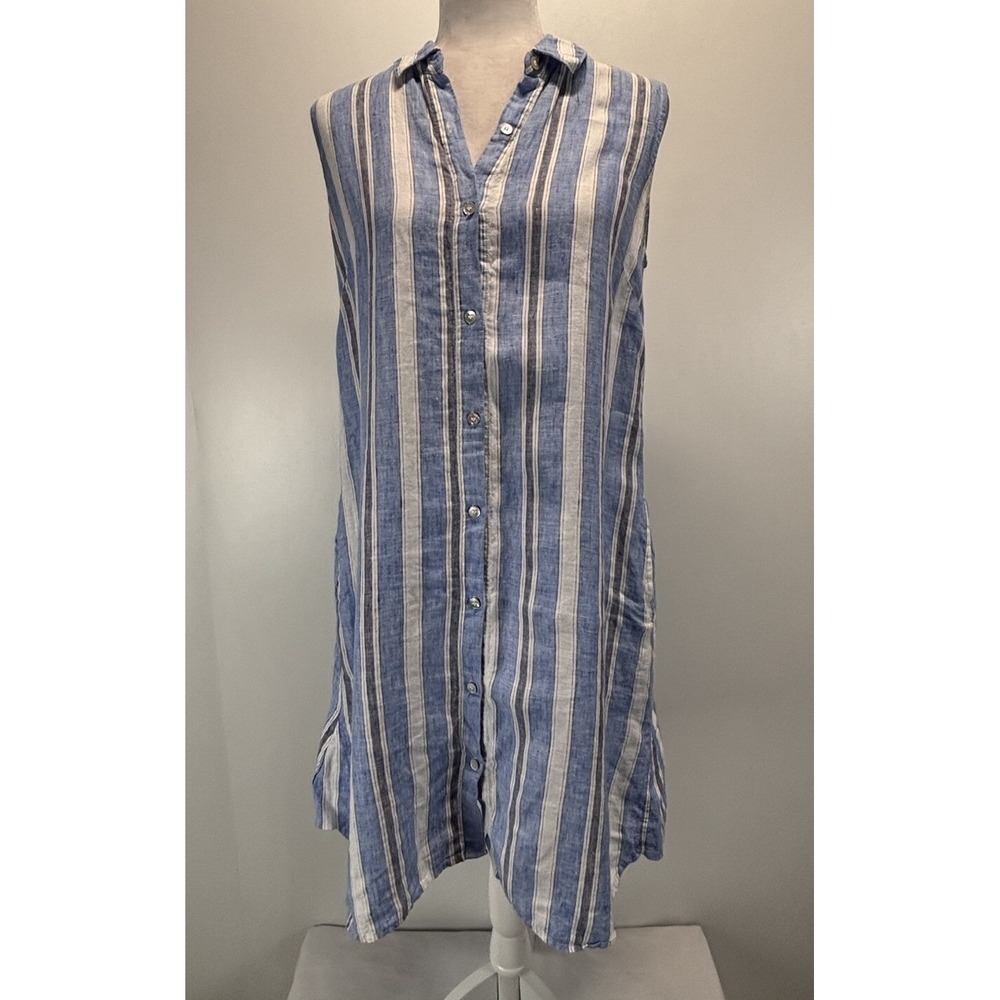 Unbranded Linen Striped Shirt Dress Sz Small Blue Sleeveless Pockets Womens